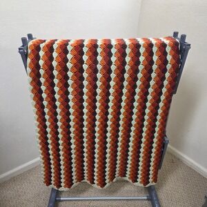 Vtg Wool Handmade Crochet Afghan Blanket 78x64 Orange Brown Rust 70s Retro MCM‎